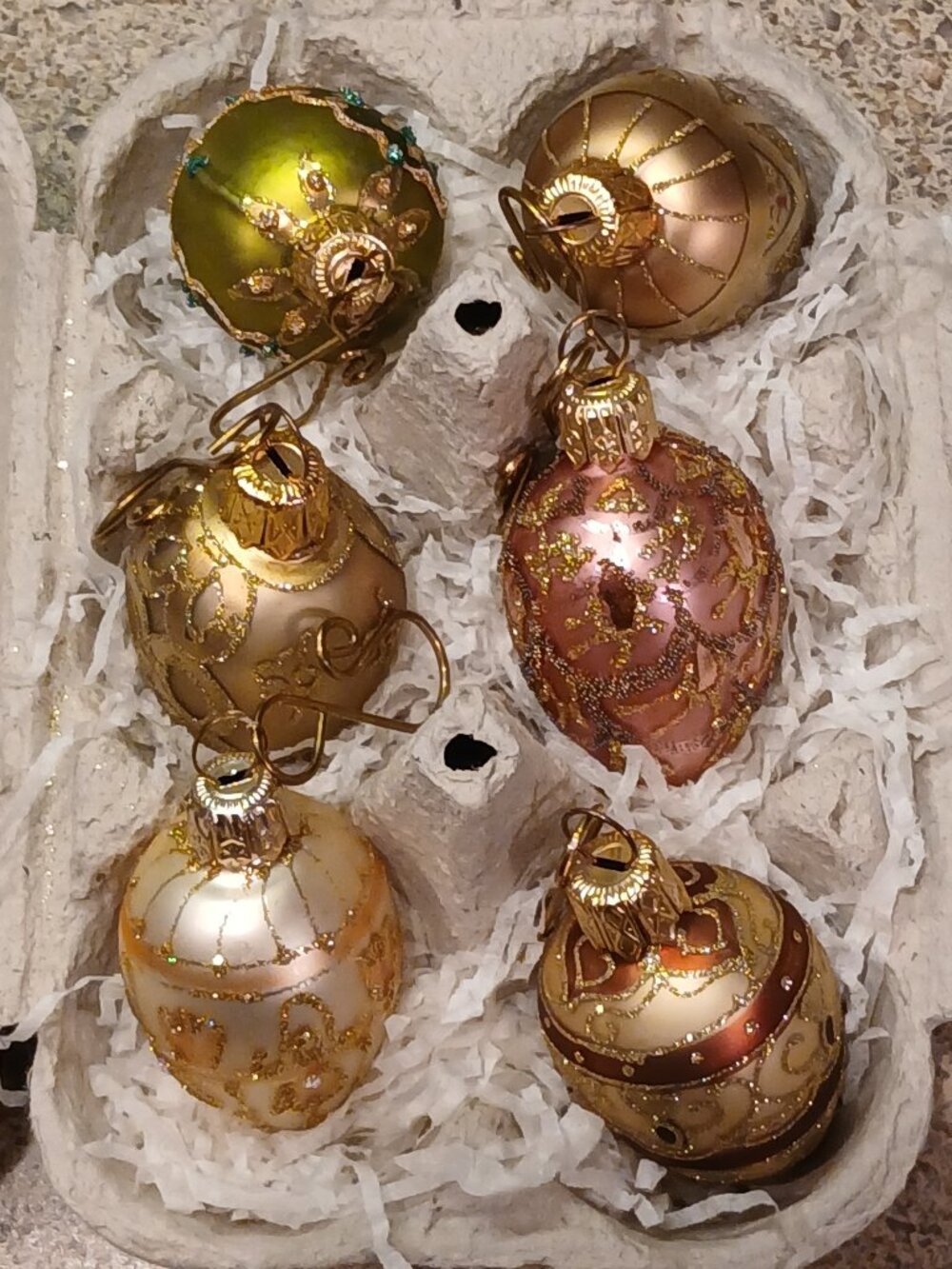 6 Vintage Smith & Hawken Blown Glass Egg Christmas Ornaments w/ Brass Hooks 5